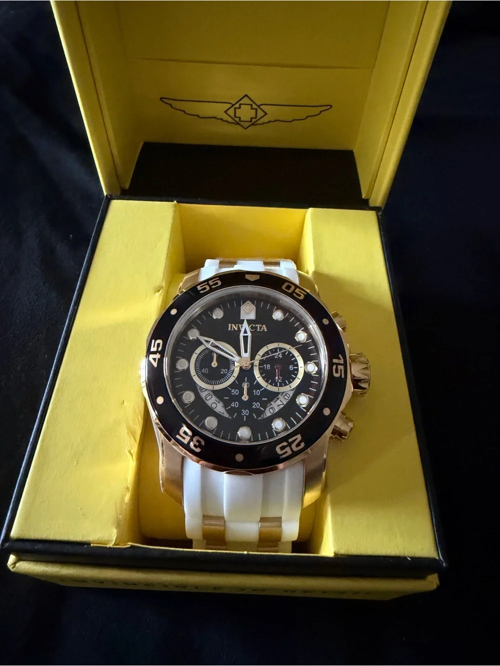 Invicta Men's Gold-Tone Black Dial Chronograph Watch with White Strap